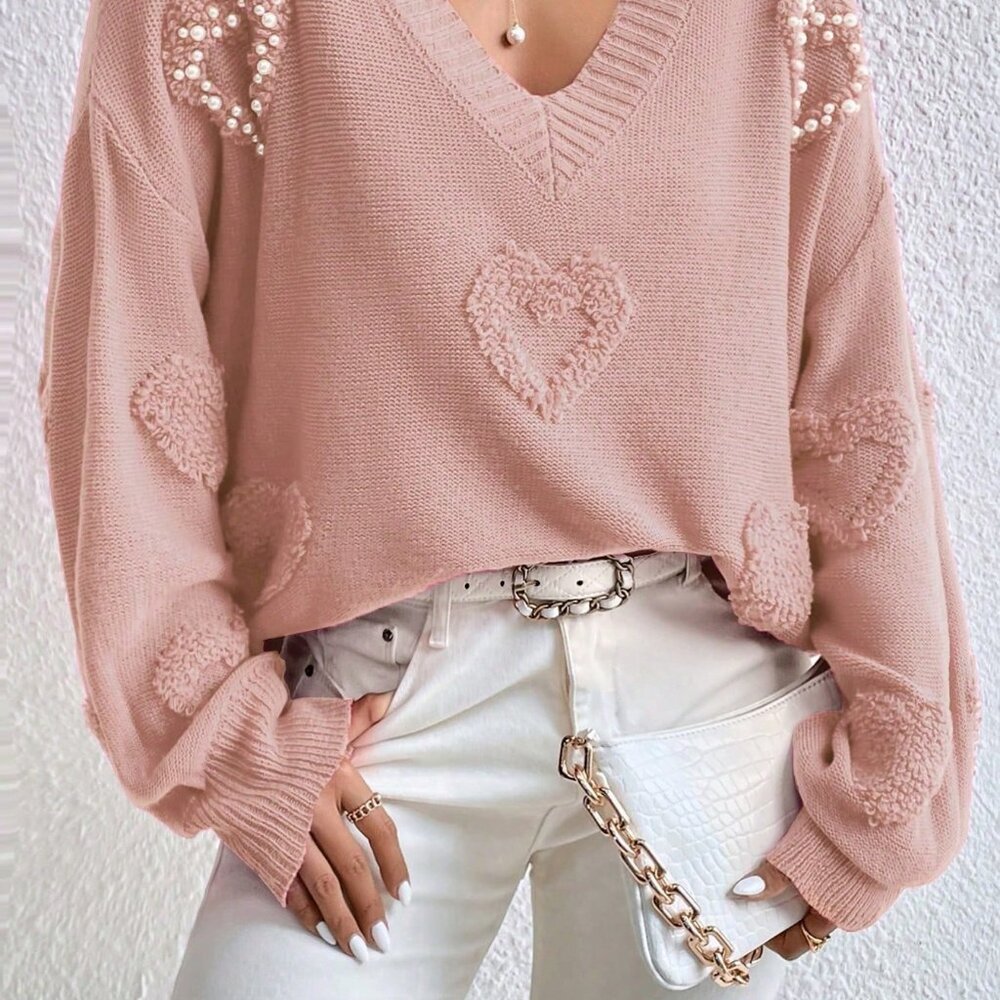 Coral Pink Casual Women's Heart Pattern Drop Shoulder Pearls Beaded Sweater - Picture 3 of 6